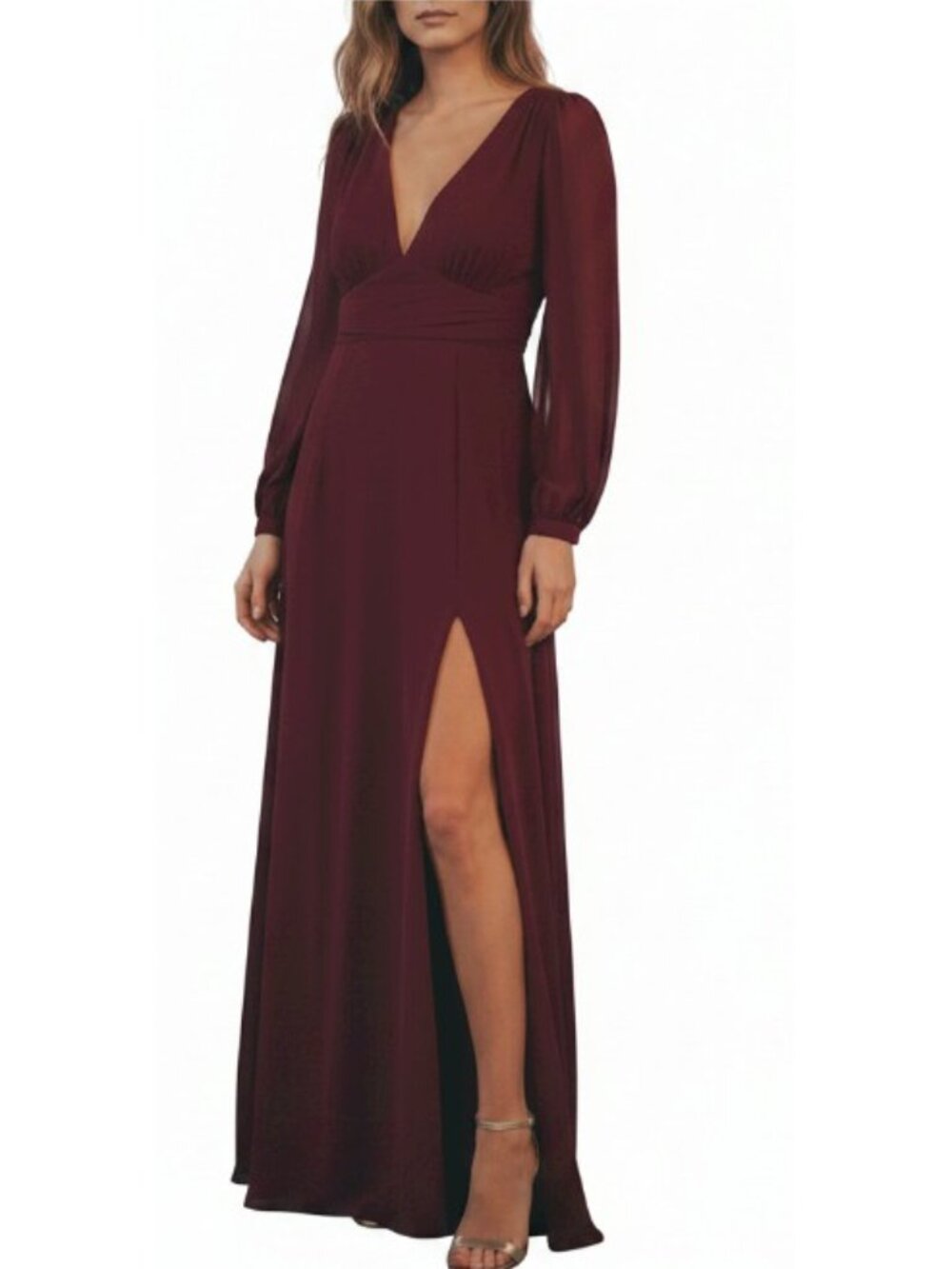 Long Sleeve V-Neck Burgundy Maxi Dress with High Slit